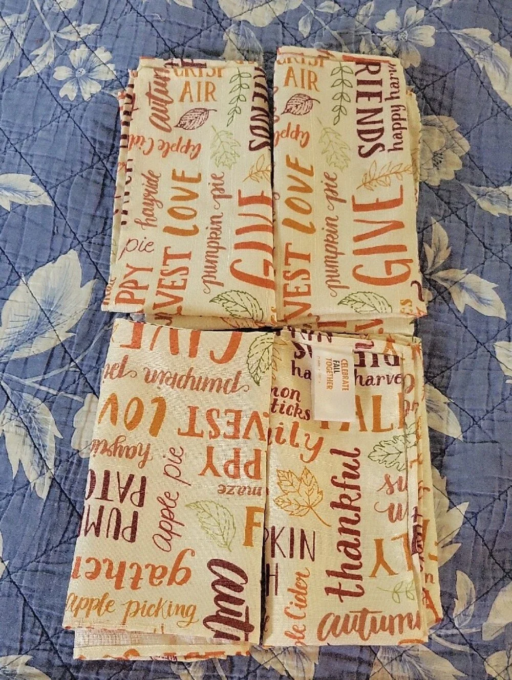 Autumn Fall Thankful Fabric Napkins Set of 4 - Orange, Brown, Green